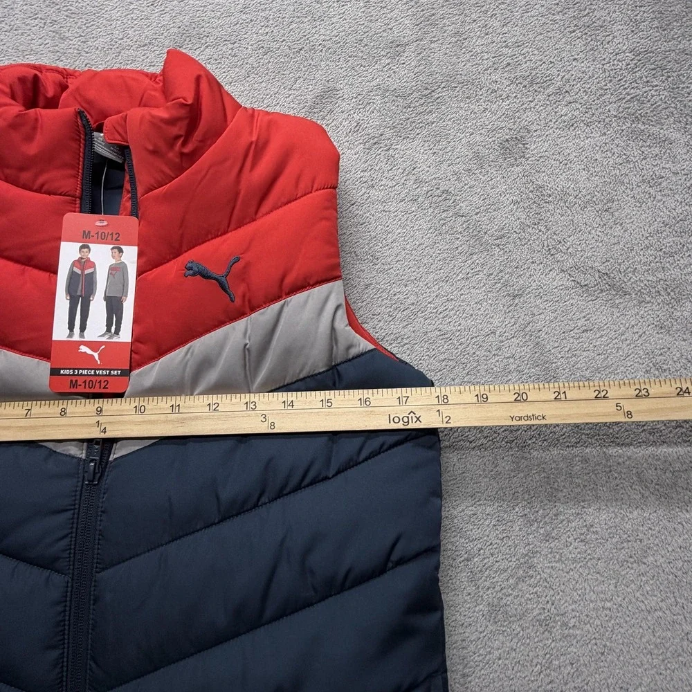 Puma Puffer Vest‎ Boys Medium 10/12 Red Gray Navy Quilted Sleeveless Zip Front